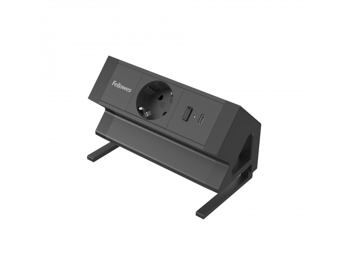 Разклонител Fellowes Ampra Power Desk, шуко, 1 гнездо, 1 USB Type-A, 1 USB Type-C, черен