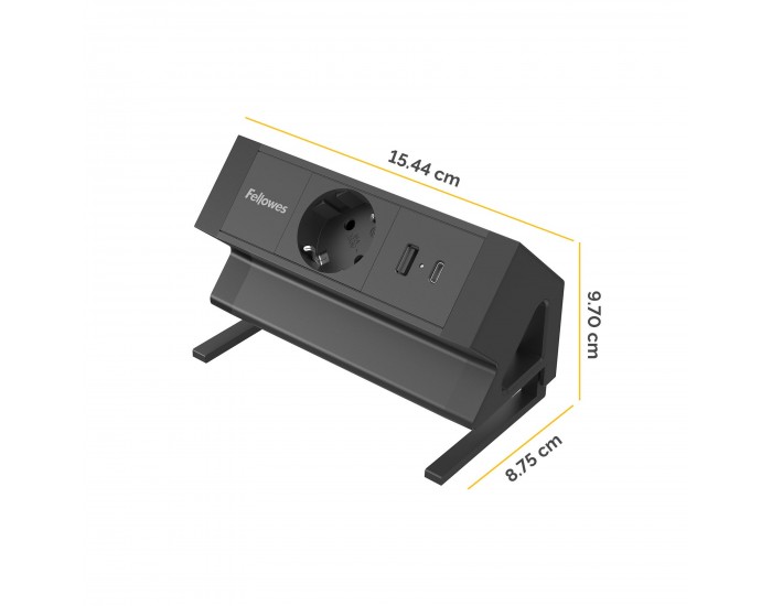Разклонител Fellowes Ampra Power Desk, шуко, 1 гнездо, 1 USB Type-A, 1 USB Type-C, черен