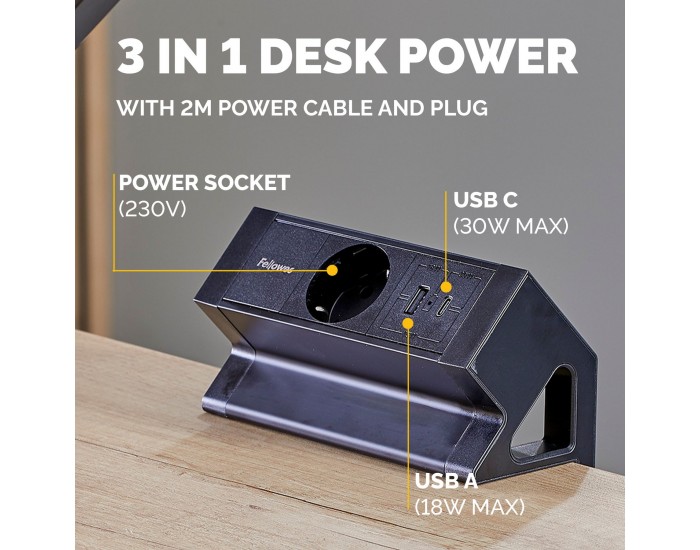 Разклонител Fellowes Ampra Power Desk, шуко, 1 гнездо, 1 USB Type-A, 1 USB Type-C, черен