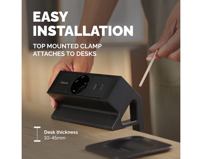 Разклонител Fellowes Ampra Power Desk, шуко, 1 гнездо, 1 USB Type-A, 1 USB Type-C, черен