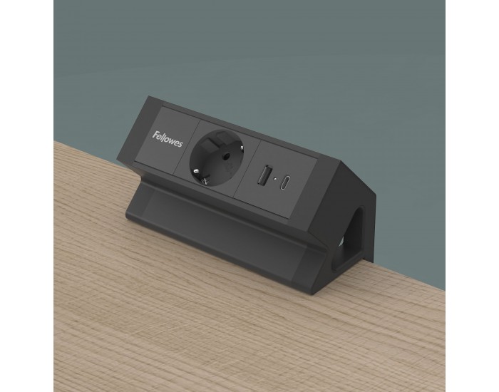 Разклонител Fellowes Ampra Power Desk, шуко, 1 гнездо, 1 USB Type-A, 1 USB Type-C, черен