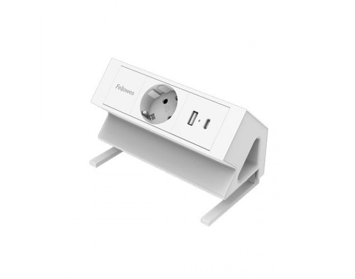 Разклонител Fellowes Ampra Power Desk, шуко, 1 гнездо, 1 USB Type-A, 1 USB Type-C, бял
