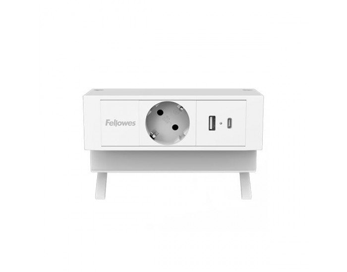 Разклонител Fellowes Ampra Power Desk, шуко, 1 гнездо, 1 USB Type-A, 1 USB Type-C, бял