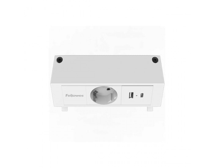 Разклонител Fellowes Ampra Power Desk, шуко, 1 гнездо, 1 USB Type-A, 1 USB Type-C, бял