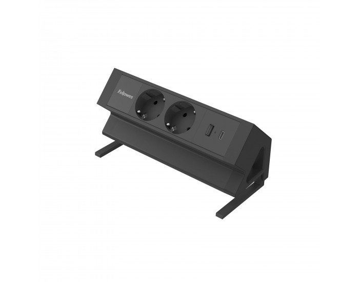 Разклонител Fellowes Ampra Power Desk, шуко, 2 гнезда, 1 USB Type-A, 1 USB Type-C, черен