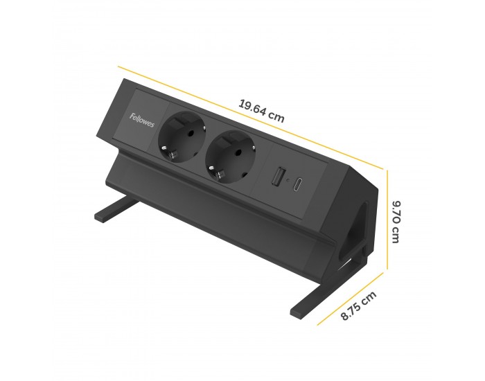 Разклонител Fellowes Ampra Power Desk, шуко, 2 гнезда, 1 USB Type-A, 1 USB Type-C, черен