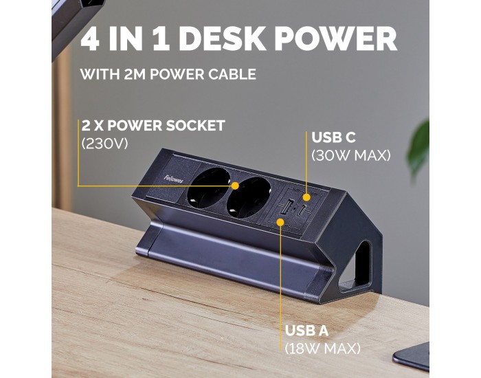 Разклонител Fellowes Ampra Power Desk, шуко, 2 гнезда, 1 USB Type-A, 1 USB Type-C, черен