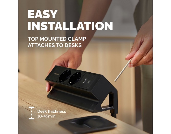 Разклонител Fellowes Ampra Power Desk, шуко, 2 гнезда, 1 USB Type-A, 1 USB Type-C, черен
