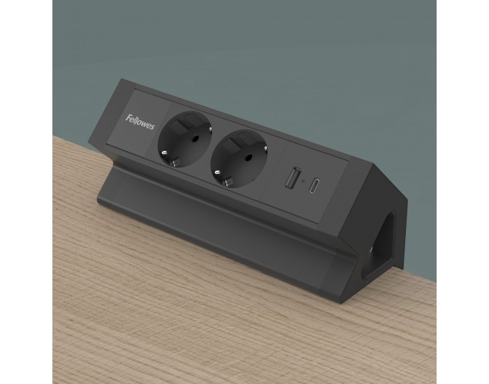 Разклонител Fellowes Ampra Power Desk, шуко, 2 гнезда, 1 USB Type-A, 1 USB Type-C, черен