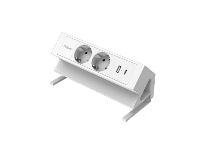 Разклонител Fellowes Ampra Power Desk, шуко, 2 гнезда, 1 USB Type-A, 1 USB Type-C, бял