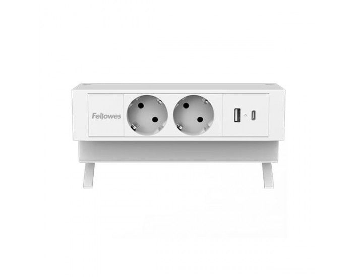 Разклонител Fellowes Ampra Power Desk, шуко, 2 гнезда, 1 USB Type-A, 1 USB Type-C, бял