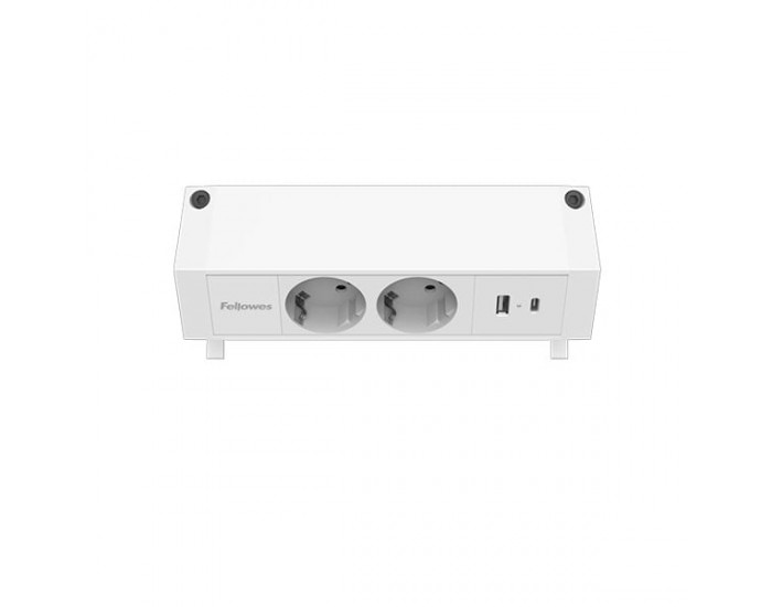 Разклонител Fellowes Ampra Power Desk, шуко, 2 гнезда, 1 USB Type-A, 1 USB Type-C, бял