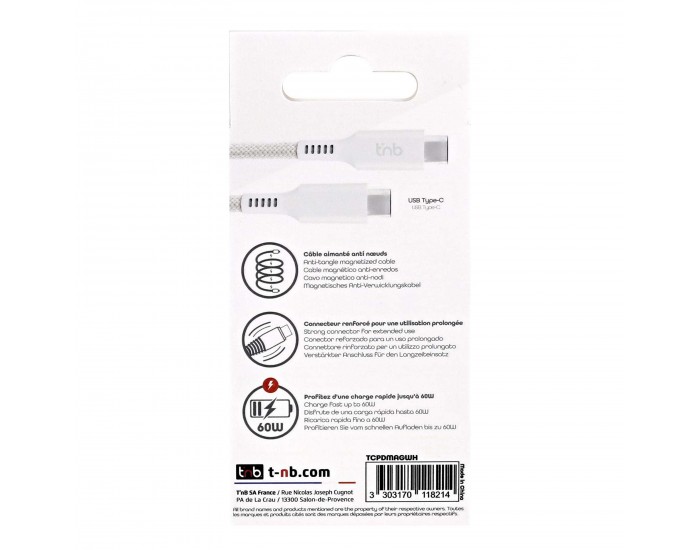 Кабел TNB, USB Type-C към USB Type-C, 1.5 m, бял