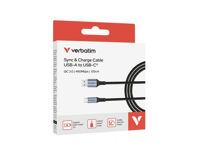 Кабел Verbatim Sync & Charge, USB Type-A към USB Type-C, 18 W, 120 cm