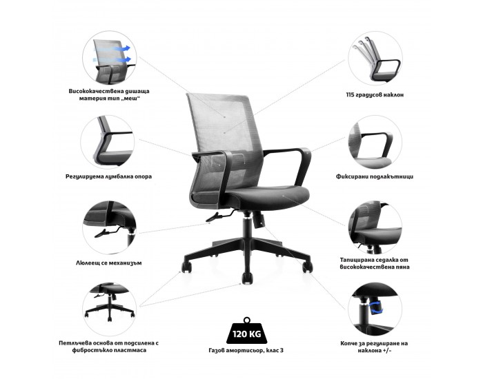 Офис стол RFG Smart W, дамаска и меш, Tilt механизъм, до 120 kg, тъмносива седалка, сива облегалка