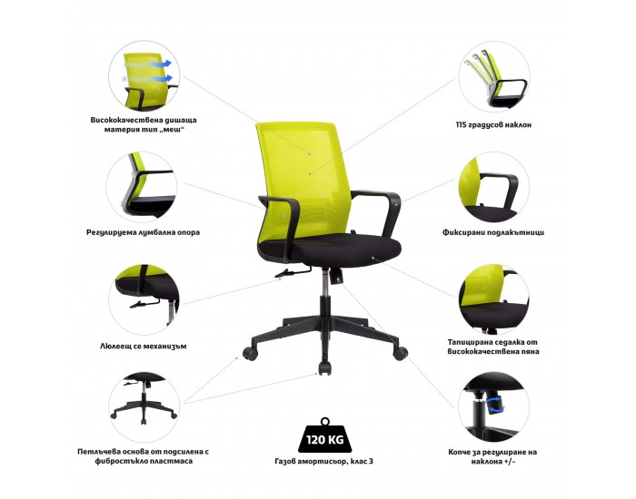 Офис стол RFG Smart W, дамаска и меш, Tilt механизъм, до 120 kg, черна седалка, зелена облегалка