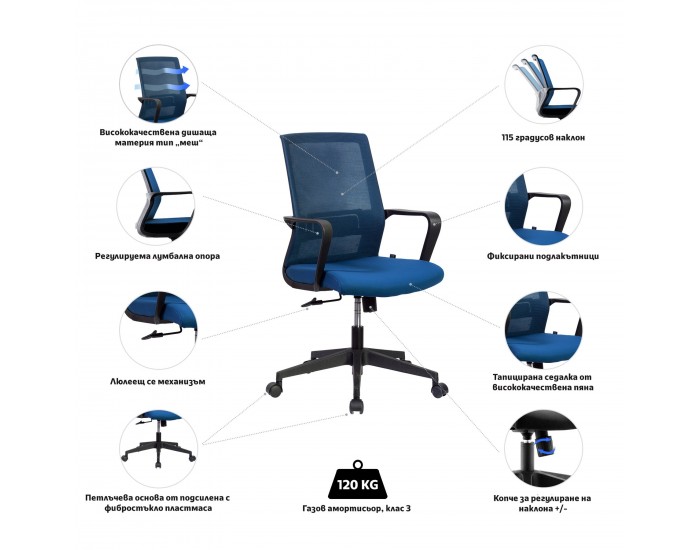 Офис стол RFG Smart W, дамаска и меш, Tilt механизъм, до 120 kg, тъмносиня седалка, тъмносиня облегалка