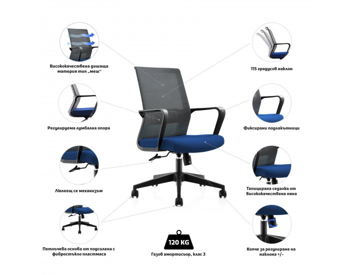 Офис стол RFG Smart W, дамаска и меш, Tilt механизъм, до 120 kg, синя седалка, сива облегалка