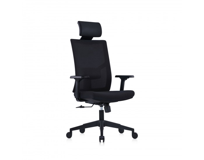 Ергономичен стол RFG Snow Black HB, дамаска и меш, Multi-function механизъм, до 120 kg, черна седалка, черна облегалка