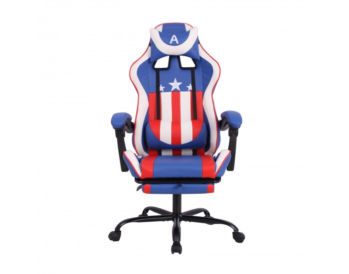 Геймърски стол RFG Max Game, екокожа, Multi-function механизъм, метална основа, до 150 kg, син и бял