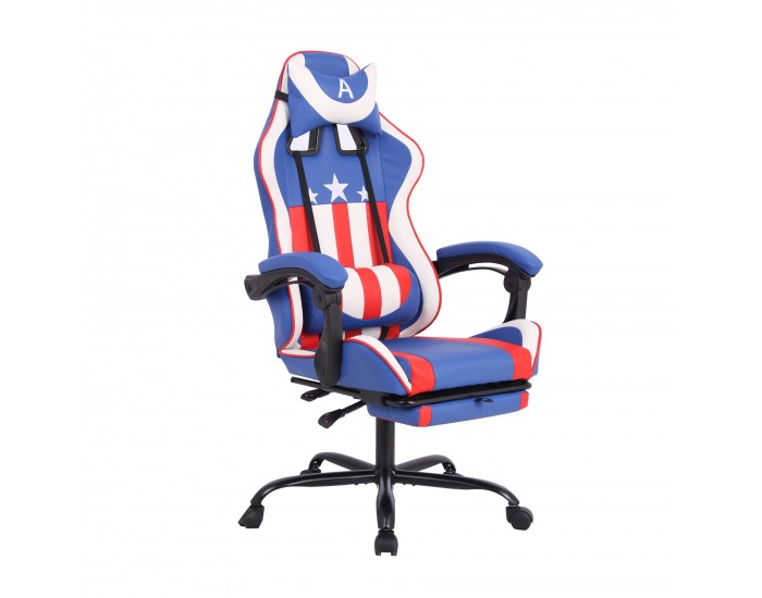 Геймърски стол RFG Max Game, екокожа, Multi-function механизъм, метална основа, до 150 kg, син и бял