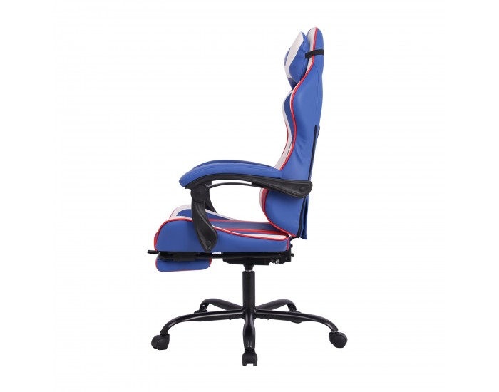 Геймърски стол RFG Max Game, екокожа, Multi-function механизъм, метална основа, до 150 kg, син и бял