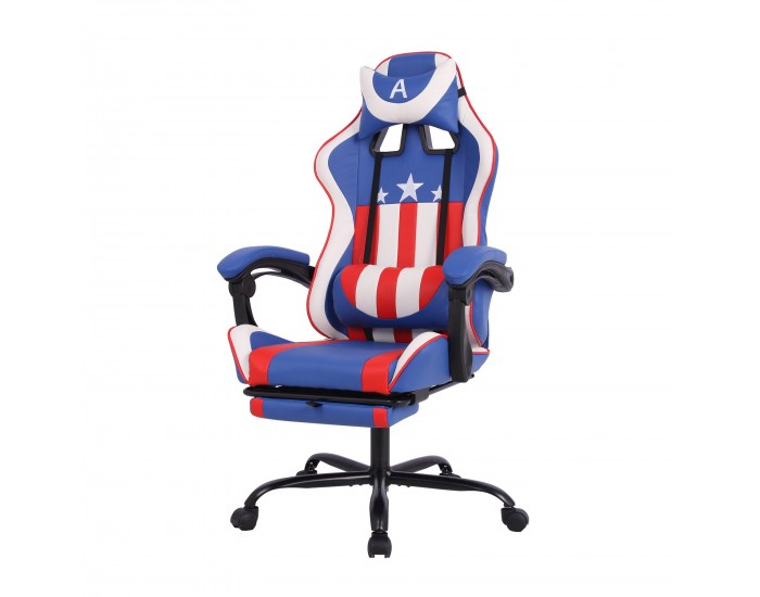 Геймърски стол RFG Max Game, екокожа, Multi-function механизъм, метална основа, до 150 kg, син и бял