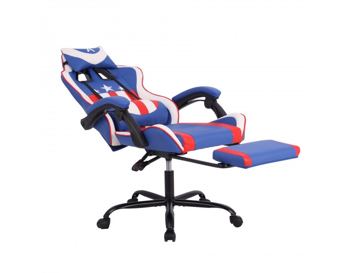Геймърски стол RFG Max Game, екокожа, Multi-function механизъм, метална основа, до 150 kg, син и бял