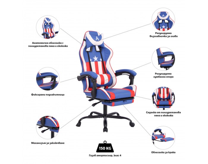 Геймърски стол RFG Max Game, екокожа, Multi-function механизъм, метална основа, до 150 kg, син и бял