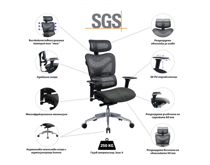 Ергономичен стол RFG TECH@GAMES, Multi-function механизъм, до 250 kg, сив