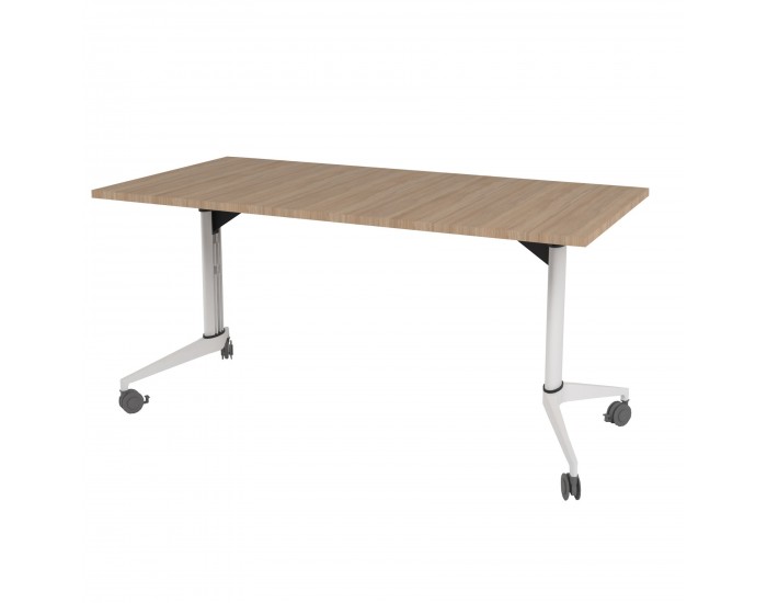 Конферентна маса RFG Flip, 160 x 80 x 74 cm, мобилна, сгъваема, правоъгълен плот, ПДЧ 25 mm, кехлибарен дъб, бели метални крака