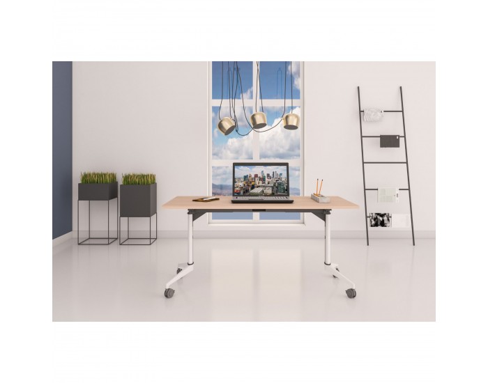 Конферентна маса RFG Flip, 160 x 80 x 74 cm, мобилна, сгъваема, правоъгълен плот, ПДЧ 25 mm, кехлибарен дъб, бели метални крака