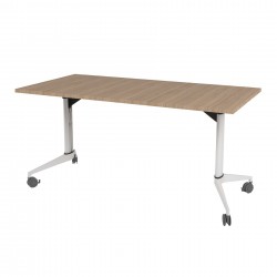 Конферентна маса RFG Flip, 140 x 80 x 74 cm, мобилна, сгъваема, правоъгълен плот, ПДЧ 25 mm, кехлибарен дъб, бели метални крака - Rfg