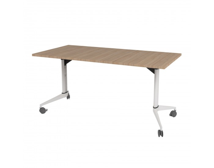 Конферентна маса RFG Flip, 140 x 80 x 74 cm, мобилна, сгъваема, правоъгълен плот, ПДЧ 25 mm, кехлибарен дъб, бели метални крака