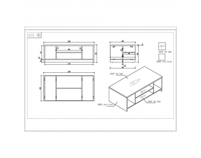 Ниска маса RFG Lisabon, 1200 х 600 х 420 mm, правоъгълен плот, ПДЧ 25 mm, тъмен дъб и сиво
