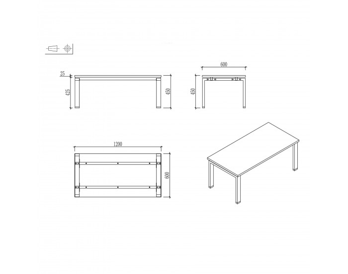 Ниска маса RFG Monaco, 1200 х 600 х 450 mm, правоъгълен плот, ПДЧ 25 mm, метална основа, плот бряст, бял метал