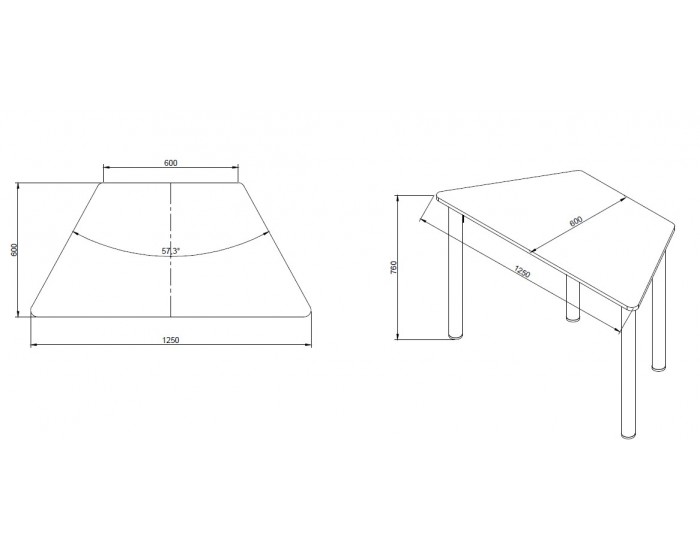 Ученическа маса RFG Trapez, модулна, трапецовидна, над VIII клас, 1250 х 600 х 750 mm, бял MDF плот със заоблени ъгли, сиви метални крака