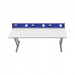 Ученическа маса RFG Flat, лабораторна, над VII клас, 180 х 60 х 75 cm, HPL плот, метални крака, синьо-бяла - Rfg