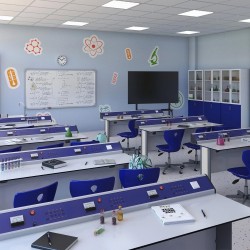 Кабинет по физика RFG Flat, над VII клас, за 24 ученика, HPL плот, метални крака, бяло-син - Rfg