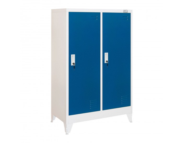Гардероб RFG, метален, двоен, с две врати, 80 х 40 х 120 cm, бял, със сини врати