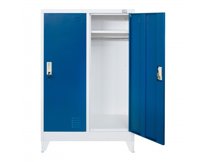 Гардероб RFG, метален, двоен, с две врати, 80 х 40 х 120 cm, бял, със сини врати