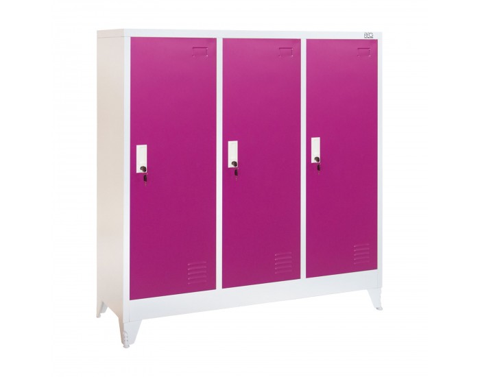 Гардероб RFG, метален, троен, с три врати, 120 х 40 х 120 cm, бял, с лилави врати