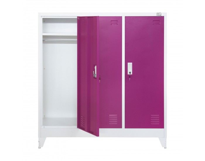 Гардероб RFG, метален, троен, с три врати, 120 х 40 х 120 cm, бял, с лилави врати