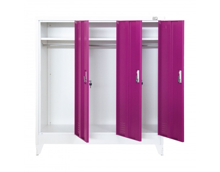Гардероб RFG, метален, троен, с три врати, 120 х 40 х 120 cm, бял, с лилави врати