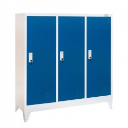 Гардероб RFG, метален, троен, с три врати, 120 х 40 х 120 cm, бял, със сини врати - Мебели от метал