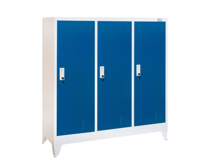 Гардероб RFG, метален, троен, с три врати, 120 х 40 х 120 cm, бял, със сини врати