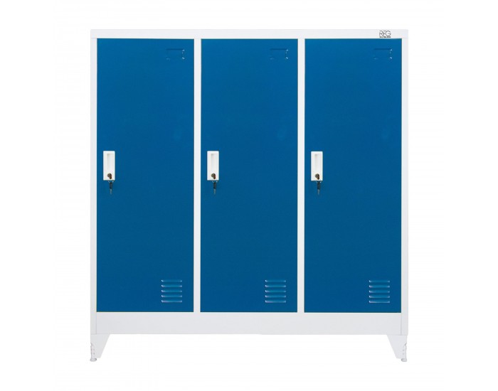 Гардероб RFG, метален, троен, с три врати, 120 х 40 х 120 cm, бял, със сини врати