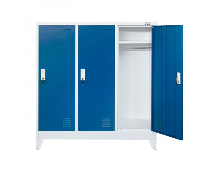 Гардероб RFG, метален, троен, с три врати, 120 х 40 х 120 cm, бял, със сини врати