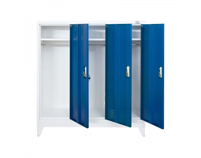 Гардероб RFG, метален, троен, с три врати, 120 х 40 х 120 cm, бял, със сини врати