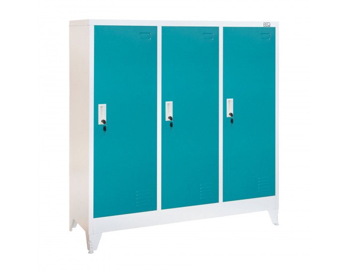 Гардероб RFG, метален, троен, с три врати, 120 х 40 х 120 cm, бял, с тюркоазени врати